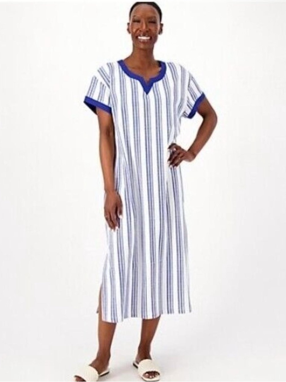 Stan Herman Blue and White Striped Maxi Dress Sz S P 100% Cotton